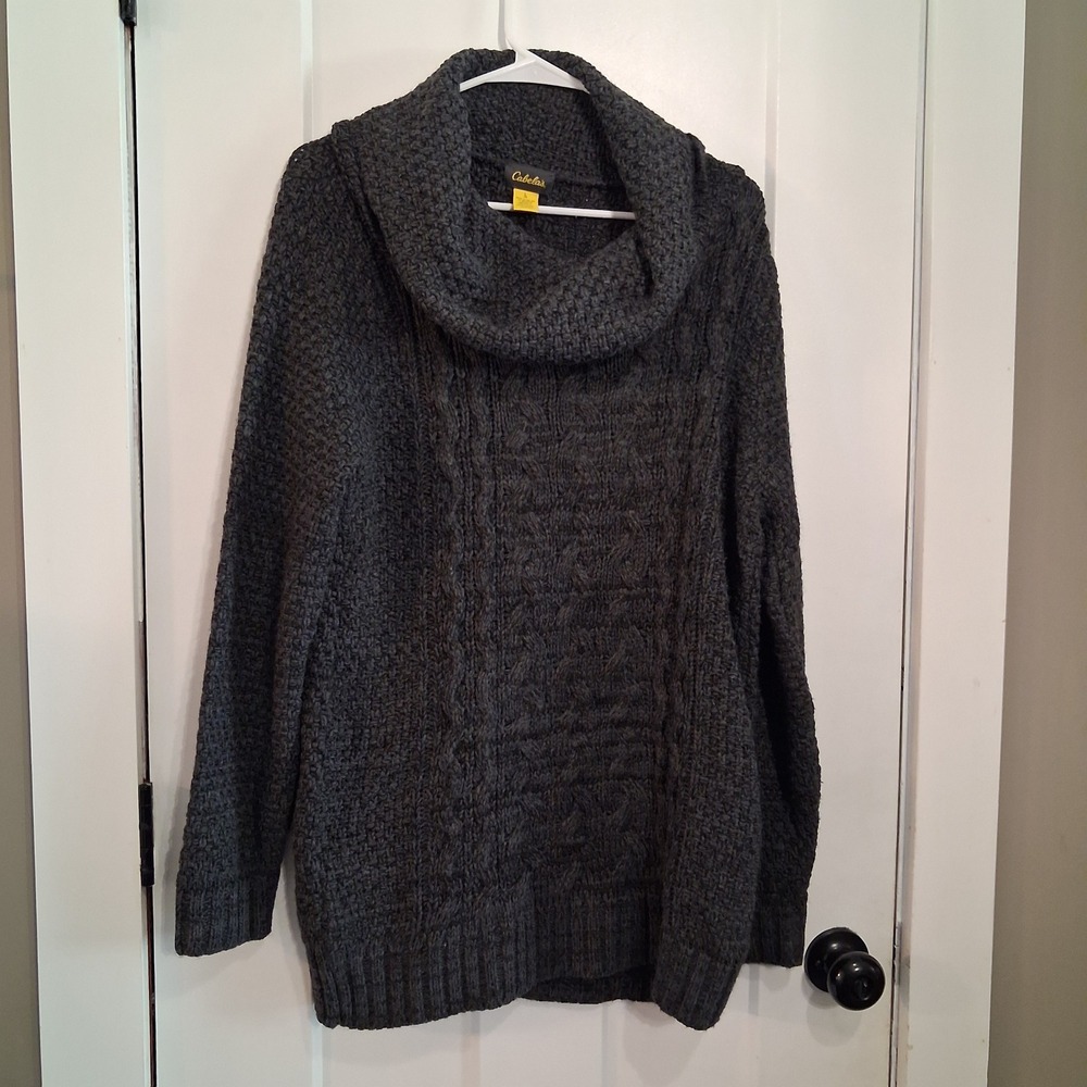 Cabela's Sweater Women L Gray Cowl Neck Cable Knit Cozy Outdoor Cabin Warm Core